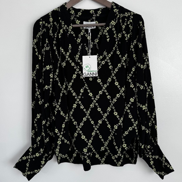 NWT GANNI Printed Floral Crepe V-Neck Blouse Black Margarita Size 34 (S/M) - Picture 2 of 15